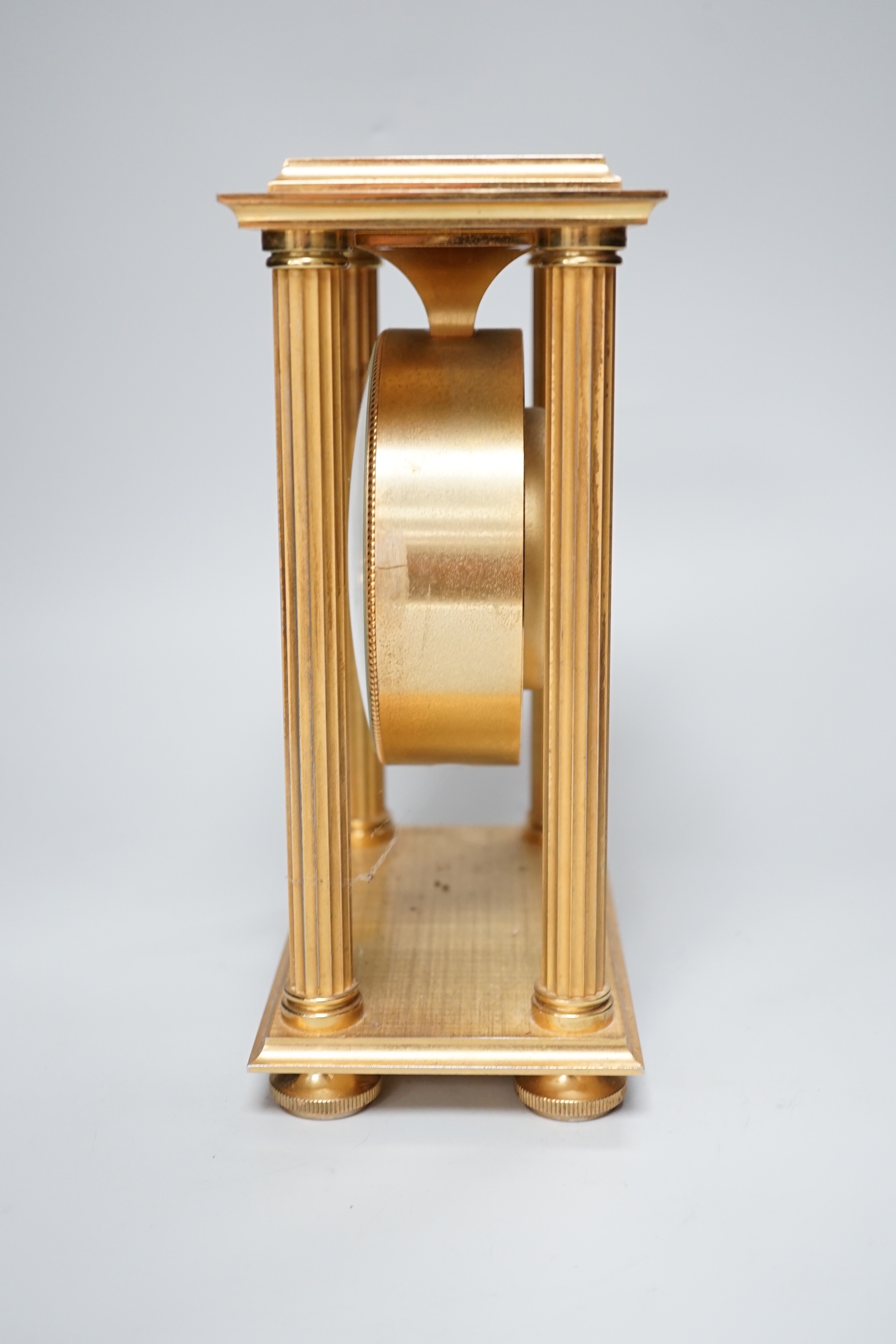 Imhof Swiss brass mantel clock with two train movement, striking on a bell, 24cm high